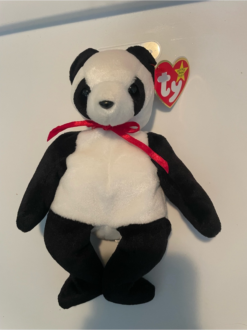 1997 Ty beanie baby Fortune Plush Panda with Red Ribbon - Black & White
